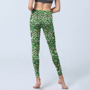 Buddha Stones Green Stitching Symmetrical Flower Leaf Pattern Print Gym Leggings Women's Yoga Pants