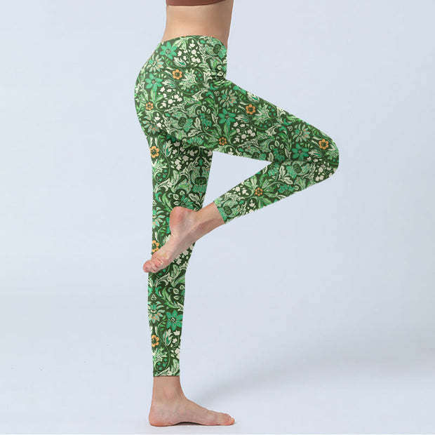 Buddha Stones Green Stitching Symmetrical Flower Leaf Pattern Print Gym Leggings Women's Yoga Pants