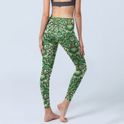 Buddha Stones Green Stitching Symmetrical Flower Leaf Pattern Print Gym Leggings Women's Yoga Pants