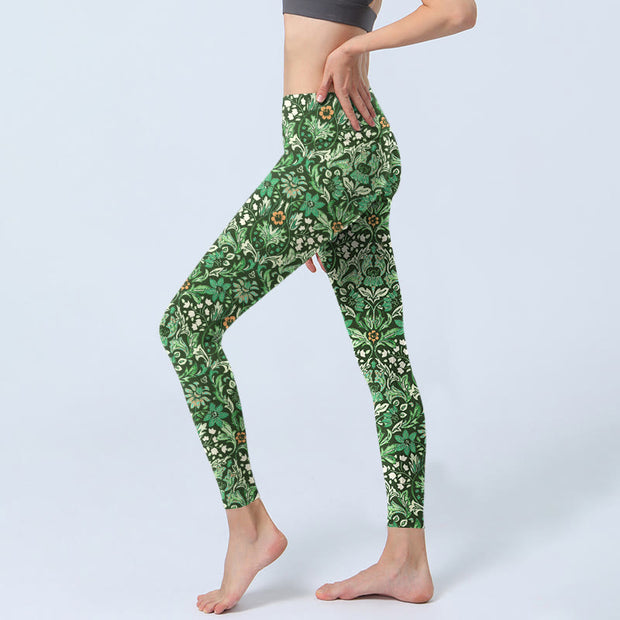 Buddha Stones Green Stitching Symmetrical Flower Leaf Pattern Print Gym Leggings Women's Yoga Pants - image 3
