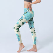 Buddha Stones White Stitching Peony Flowers Leaves Pattern Print Gym Leggings Women's Yoga Pants