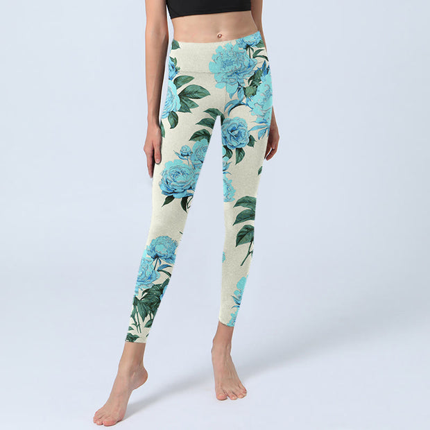 Buddha Stones White Stitching Peony Flowers Leaves Pattern Print Gym Leggings Women's Yoga Pants