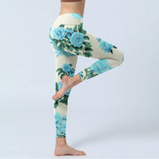 Buddha Stones White Stitching Peony Flowers Leaves Pattern Print Gym Leggings Women's Yoga Pants