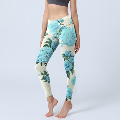 Buddha Stones White Stitching Peony Flowers Leaves Pattern Print Gym Leggings Women's Yoga Pants - Ivory - US18，UK/AU22，EU50 (4XL) - image 1