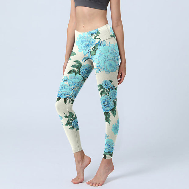 Buddha Stones White Stitching Peony Flowers Leaves Pattern Print Gym Leggings Women's Yoga Pants - Ivory - US18，UK/AU22，EU50 (4XL) - image 1