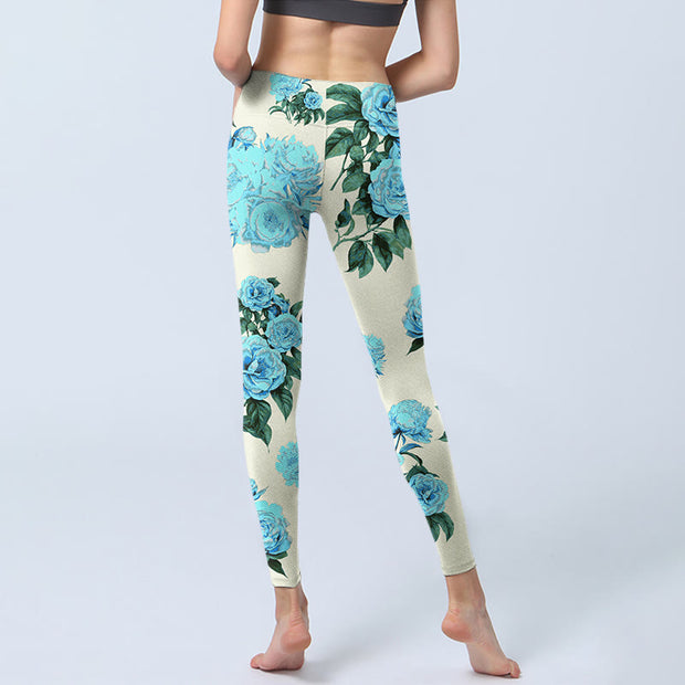 Buddha Stones White Stitching Peony Flowers Leaves Pattern Print Gym Leggings Women's Yoga Pants