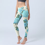 Buddha Stones White Stitching Peony Flowers Leaves Pattern Print Gym Leggings Women's Yoga Pants