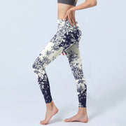 Buddha Stones White Stitching Flowers Leaves Birds Butterfly Pattern Print Gym Leggings Women's Yoga Pants