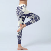 Buddha Stones White Stitching Flowers Leaves Birds Butterfly Pattern Print Gym Leggings Women's Yoga Pants - image 5