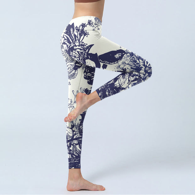Buddha Stones White Stitching Flowers Leaves Birds Butterfly Pattern Print Gym Leggings Women's Yoga Pants - image 5