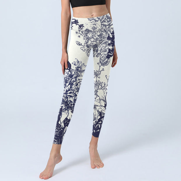 Buddha Stones White Stitching Flowers Leaves Birds Butterfly Pattern Print Gym Leggings Women's Yoga Pants