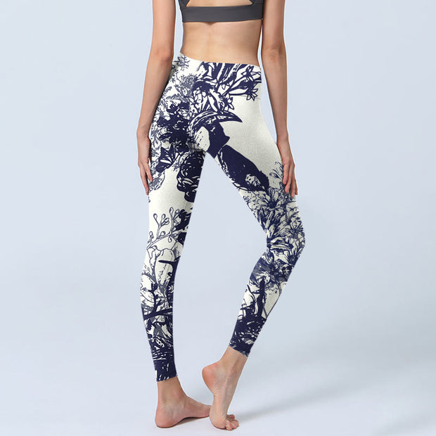 Buddha Stones White Stitching Flowers Leaves Birds Butterfly Pattern Print Gym Leggings Women's Yoga Pants - image 4