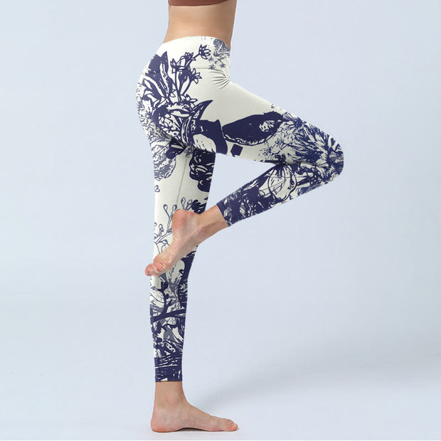 Buddha Stones White Stitching Flowers Leaves Birds Butterfly Pattern Print Gym Leggings Women's Yoga Pants