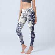 Buddha Stones White Stitching Flowers Leaves Birds Butterfly Pattern Print Gym Leggings Women's Yoga Pants