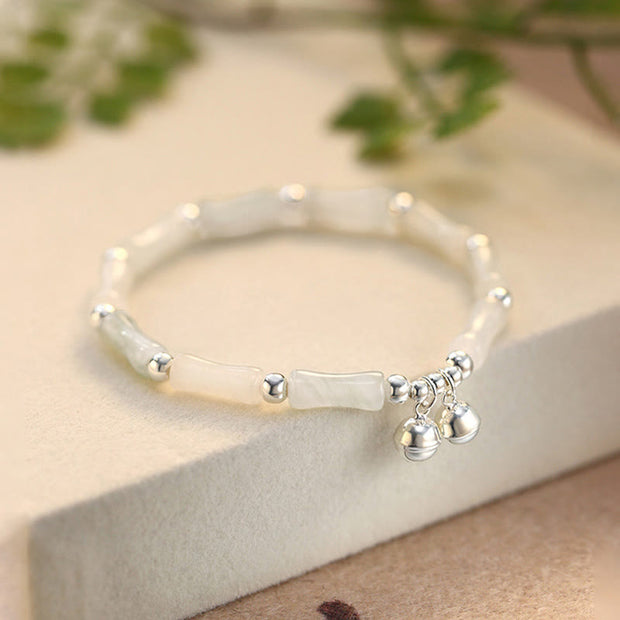 Buddha Stones 925 Sterling Silver Natural White Jade Bamboo Bell Charm Luck Happiness Bracelet