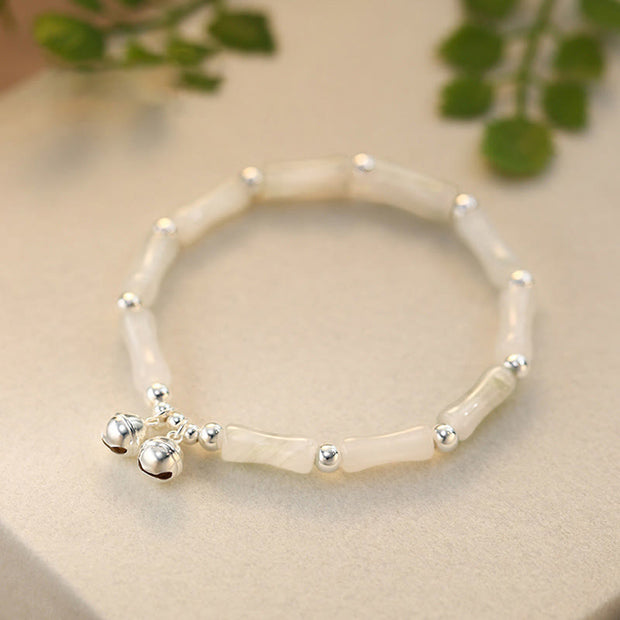 Buddha Stones 925 Sterling Silver Natural White Jade Bamboo Bell Charm Luck Happiness Bracelet