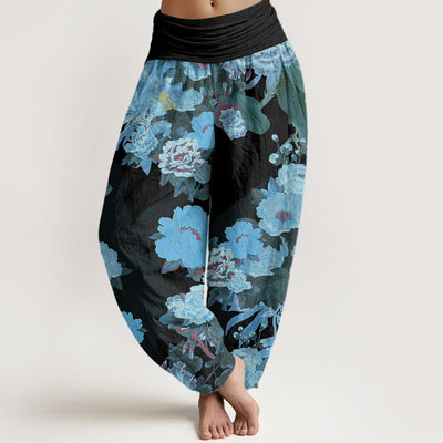 Buddha Stones Casual Peony Lotus Leaves Pattern Women's Elastic Waist Harem Pants