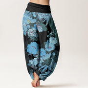 Buddha Stones Casual Peony Lotus Leaves Pattern Women's Elastic Waist Harem Pants