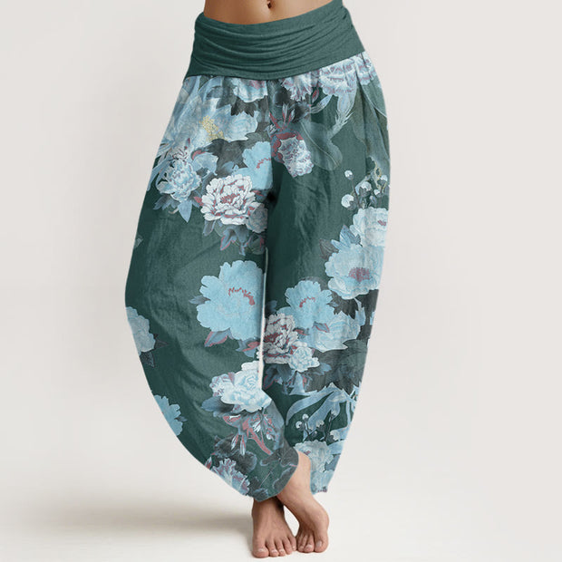 Buddha Stones Casual Peony Lotus Leaves Pattern Women's Elastic Waist Harem Pants