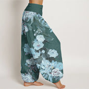 Buddha Stones Casual Peony Lotus Leaves Pattern Women's Elastic Waist Harem Pants