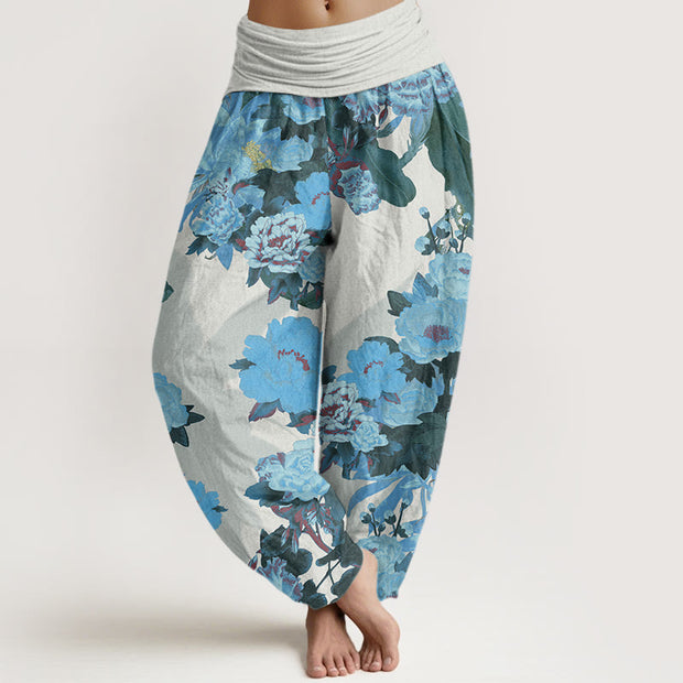 Buddha Stones Casual Peony Lotus Leaves Pattern Women's Elastic Waist Harem Pants