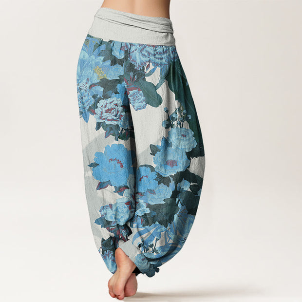 Buddha Stones Casual Peony Lotus Leaves Pattern Women's Elastic Waist Harem Pants