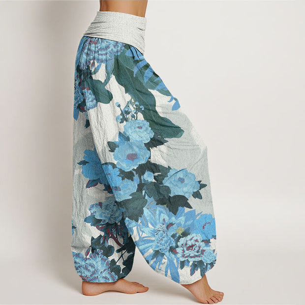 Buddha Stones Casual Peony Lotus Leaves Pattern Women's Elastic Waist Harem Pants