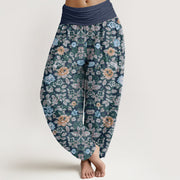 Buddha Stones Casual Colorful Hibiscus Plant Pattern Women's Elastic Waist Harem Pants