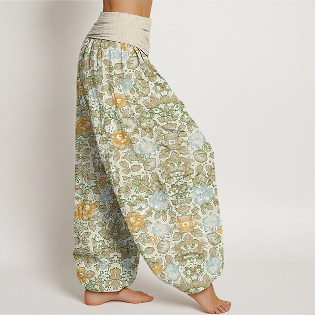 Buddha Stones Casual Colorful Hibiscus Plant Pattern Women's Elastic Waist Harem Pants