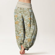 Buddha Stones Casual Colorful Hibiscus Plant Pattern Women's Elastic Waist Harem Pants