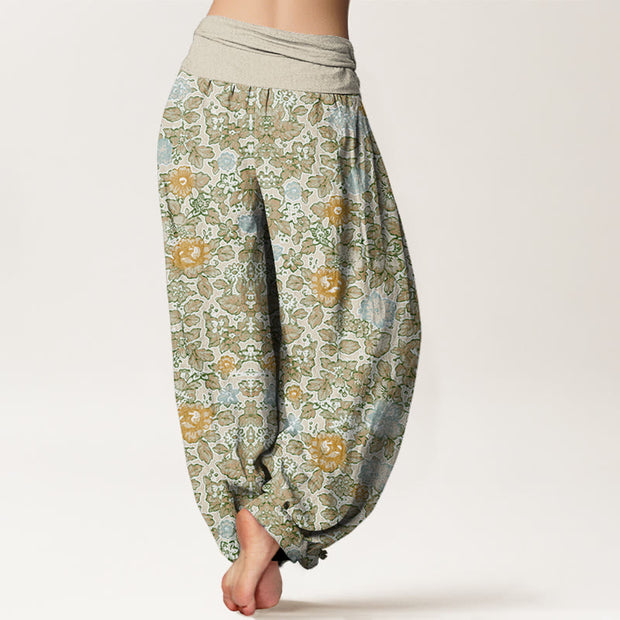 Buddha Stones Casual Colorful Hibiscus Plant Pattern Women's Elastic Waist Harem Pants