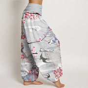 Buddha Stones Casual Plum Blossom Bird Mountain Pattern Women's Elastic Waist Harem Pants