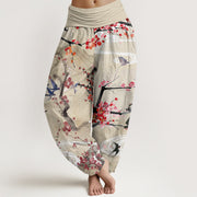 Buddha Stones Casual Plum Blossom Bird Mountain Pattern Women's Elastic Waist Harem Pants