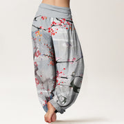 Buddha Stones Casual Plum Blossom Bird Mountain Pattern Women's Elastic Waist Harem Pants