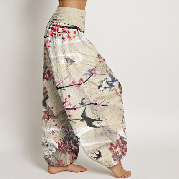 Buddha Stones Casual Plum Blossom Bird Mountain Pattern Women's Elastic Waist Harem Pants