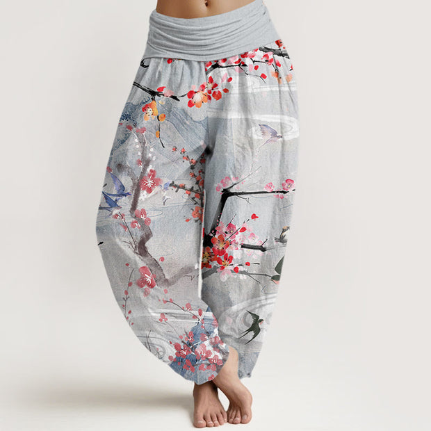 Buddha Stones Casual Plum Blossom Bird Mountain Pattern Women's Elastic Waist Harem Pants