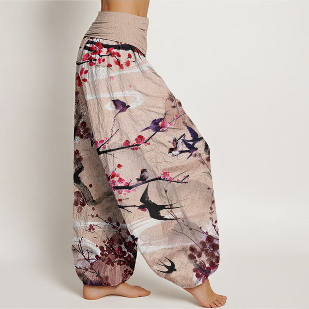 Buddha Stones Casual Plum Blossom Bird Mountain Pattern Women's Elastic Waist Harem Pants