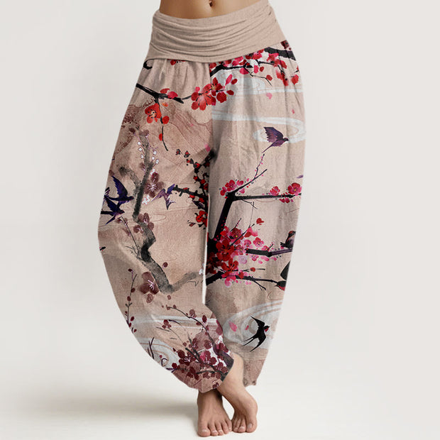 Buddha Stones Casual Plum Blossom Bird Mountain Pattern Women's Elastic Waist Harem Pants