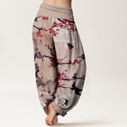 Buddha Stones Casual Plum Blossom Bird Mountain Pattern Women's Elastic Waist Harem Pants