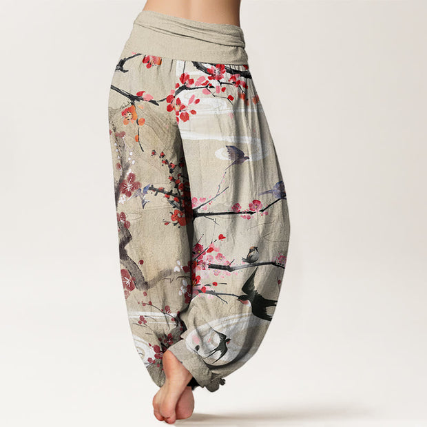 Buddha Stones Casual Plum Blossom Bird Mountain Pattern Women's Elastic Waist Harem Pants