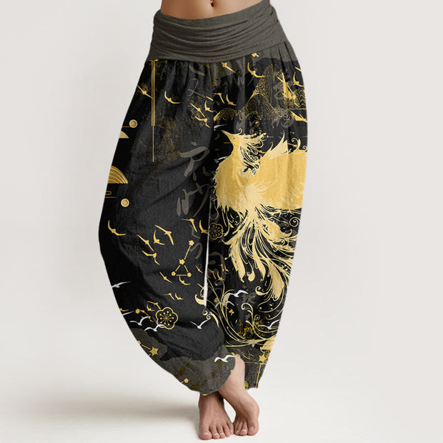 Buddha Stones Casual Phoenix Waves Calligraphy Pattern Women's Elastic Waist Harem Pants