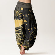 Buddha Stones Casual Phoenix Waves Calligraphy Pattern Women's Elastic Waist Harem Pants