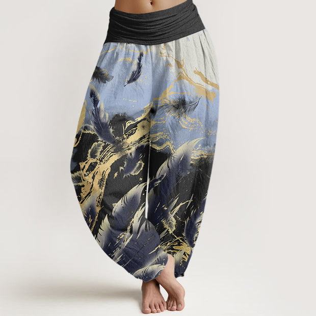 Buddha Stones Casual Floating Feathers Sky Pattern Women's Elastic Waist Harem Pants