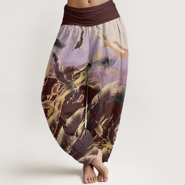 Buddha Stones Casual Floating Feathers Sky Pattern Women's Elastic Waist Harem Pants