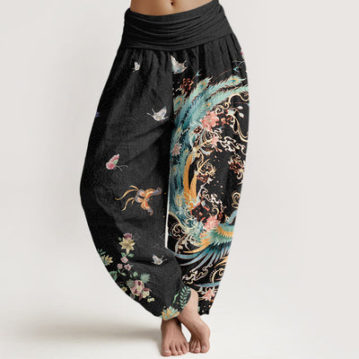 Buddha Stones Casual Colorful Phoenix Butterfly Floral Pattern Women's Elastic Waist Harem Pants