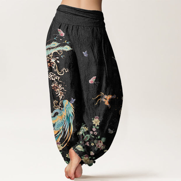 Buddha Stones Casual Colorful Phoenix Butterfly Floral Pattern Women's Elastic Waist Harem Pants