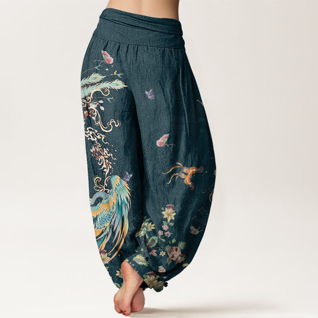 Buddha Stones Casual Colorful Phoenix Butterfly Floral Pattern Women's Elastic Waist Harem Pants