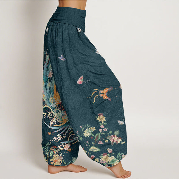 Buddha Stones Casual Colorful Phoenix Butterfly Floral Pattern Women's Elastic Waist Harem Pants