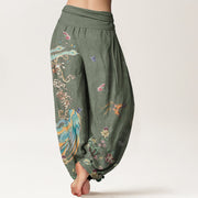 Buddha Stones Casual Colorful Phoenix Butterfly Floral Pattern Women's Elastic Waist Harem Pants