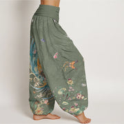 Buddha Stones Casual Colorful Phoenix Butterfly Floral Pattern Women's Elastic Waist Harem Pants